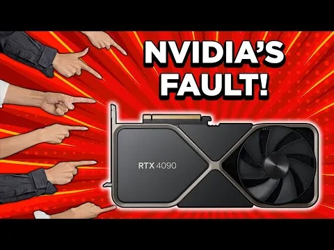 progressive Robot graphic of hands pointing at an RTX 4090 GPU with bold text “NVIDIA’S FAULT!” on a red burst background