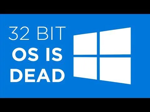 Progressive Robot graphic saying 32 BIT OS IS DEAD beside the Windows logo on a blue background