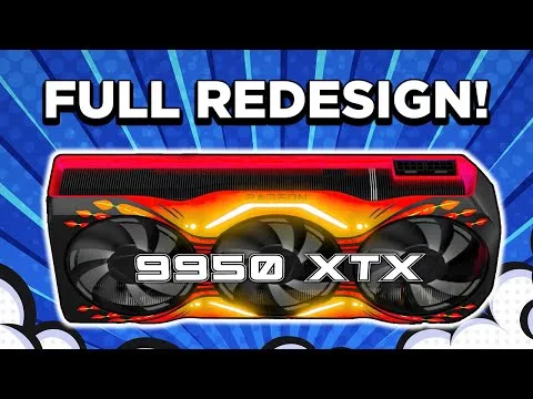 progressive Robot graphic card with FULL REDESIGN! text above and 9950 XTX label on a red-and-black dual-fan design