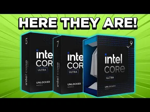 progressive Robot graphic showing three Intel Core Ultra processor boxes under the headline HERE THEY ARE!