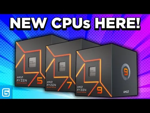 Progressive Robot, graphic banner showing AMD Ryzen 5, 7, and 9 CPU boxes with text NEW CPUs HERE!