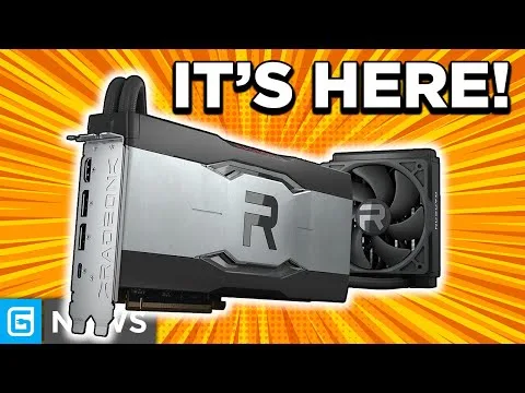 progressive Robot graphics card with dual fans on orange burst background and text "IT'S HERE!"
