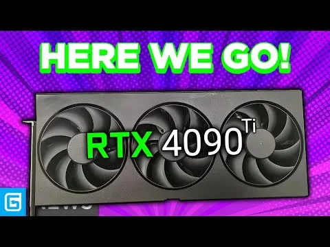 Progressive Robot with a purple background, “HERE WE GO!” text, and an RTX 4090 Ti graphics card with three fans.
