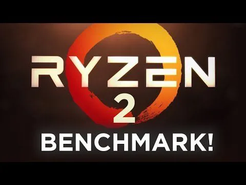 progressive Robot Ryzen 2 benchmark graphic with large “RYZEN 2” text and “BENCHMARK!” below on a dark background