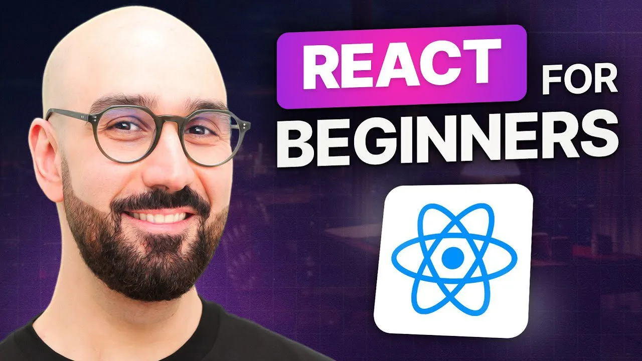 progressive Robot, smiling bald man with glasses beside text React for Beginners and the React logo