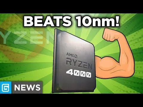 progressive Robot meme showing AMD Ryzen 4000 chip with a flexing arm and text "BEATS 10nm!" on green background