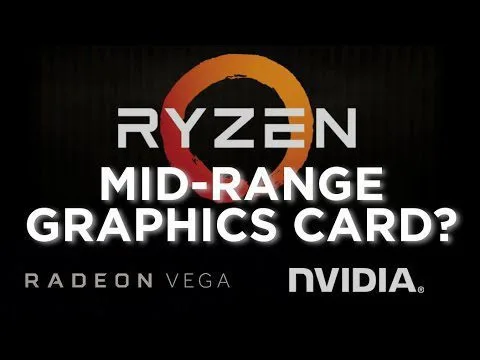 Progressive Robot, Ryzen logo with text “Mid-range graphics card?” and “Radeon Vega” and “NVIDIA” on dark background