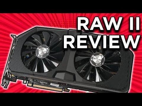 progressive Robot graphics card with dual fans on red background and bold text RAW II REVIEW