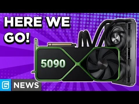 Progressive Robot announces “HERE WE GO!” with a 5090 graphics card and liquid-cooled radiator on a purple background.