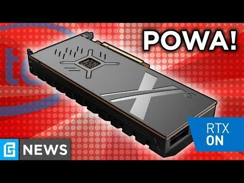progressive Robot graphics card on red dotted background with text POWA!, G NEWS, and RTX ON