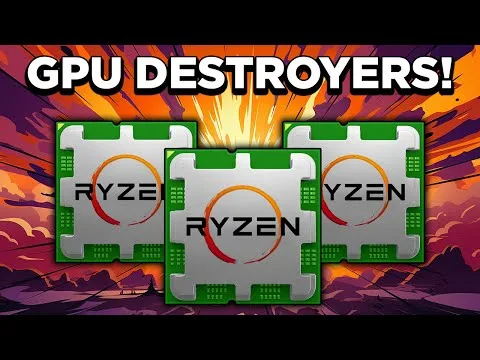 Progressive Robot with three Ryzen CPU chips and the text “GPU DESTROYERS!” over an explosive comic-style background