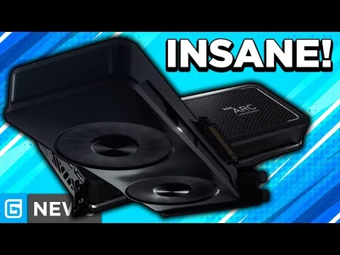 Progressive Robot showing an external GPU enclosure and a small ARC graphics card, with bold text INSANE!