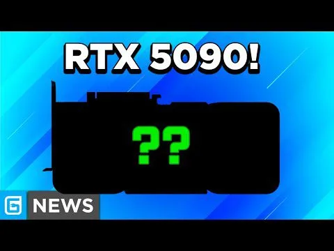 progressive Robot thumbnail with “RTX 5090!” text above a black GPU silhouette and green “??” on a blue background, “G NEWS” logo bottom left