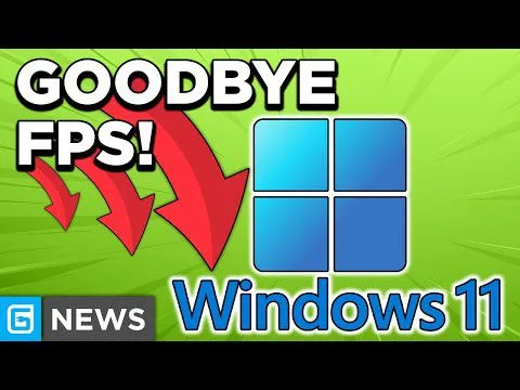 Progressive Robot graphic saying GOODBYE FPS! with red arrows pointing to the Windows 11 logo on a green background
