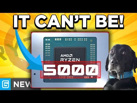 progressive Robot thumbnail with “IT CAN’T BE!”, AMD Ryzen 5000 chip graphic, blue arrow, and a black dog on the right
