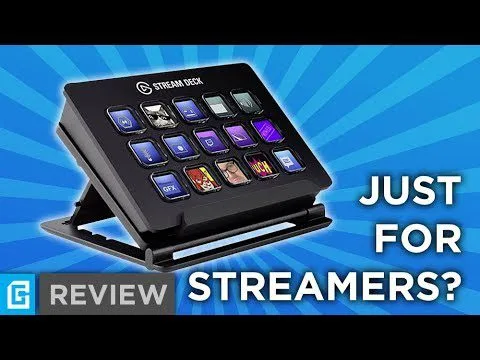 progressive Robot Stream Deck device on a stand with app icons, blue burst background, text: REVIEW and JUST FOR STREAMERS?