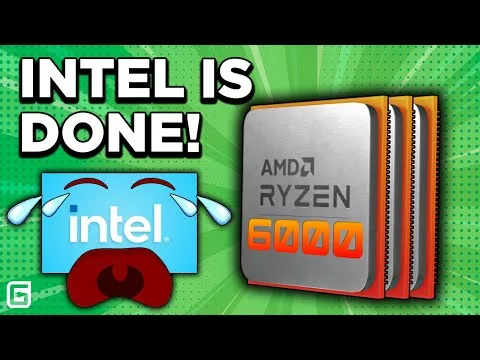 Progressive Robot: Graphic saying "INTEL IS DONE!" with a crying Intel logo and an AMD Ryzen 5000 chip on a green background