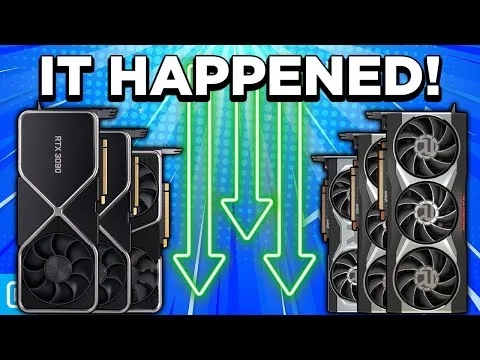 progressive Robot graphic cards with “IT HAPPENED!” text and green downward arrows between GPU stacks