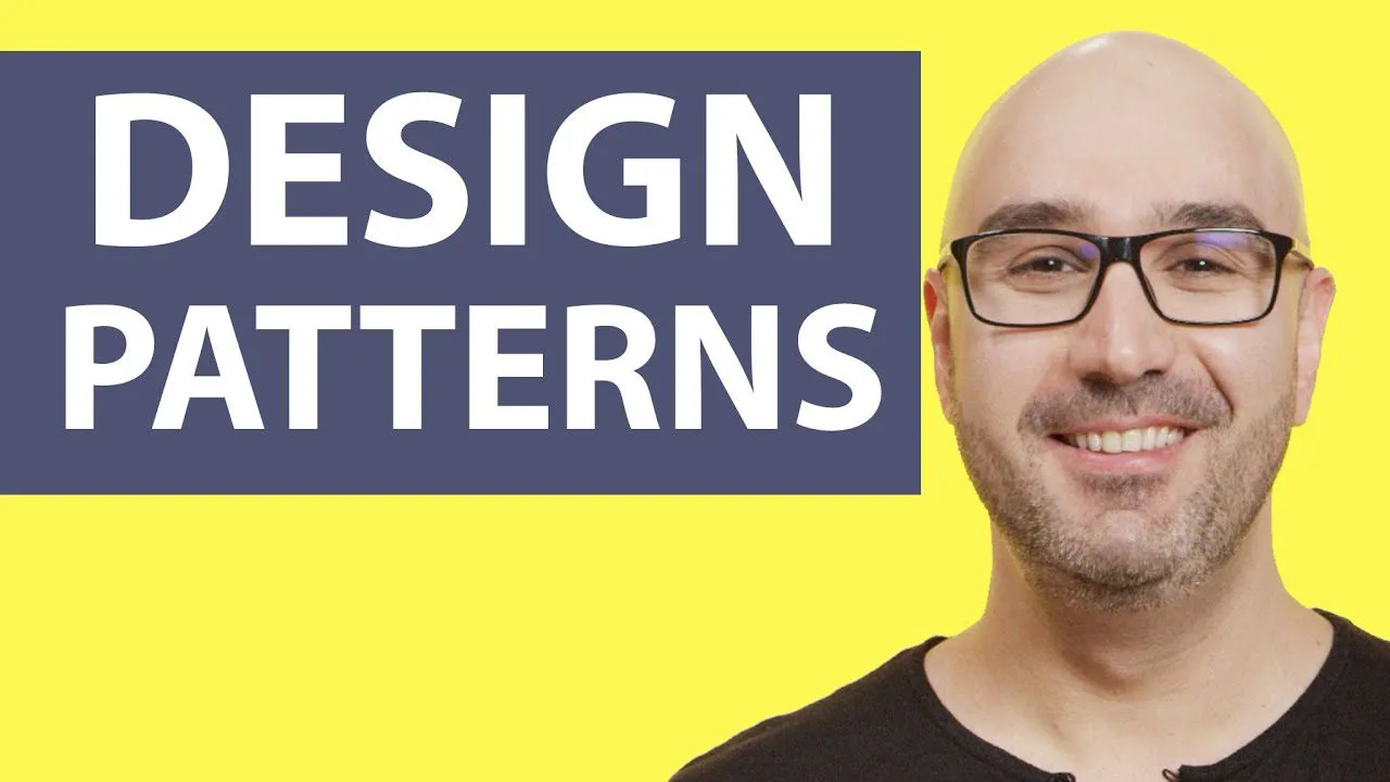 progressive Robot banner reading “DESIGN PATTERNS” with a smiling bald man wearing glasses on a yellow background