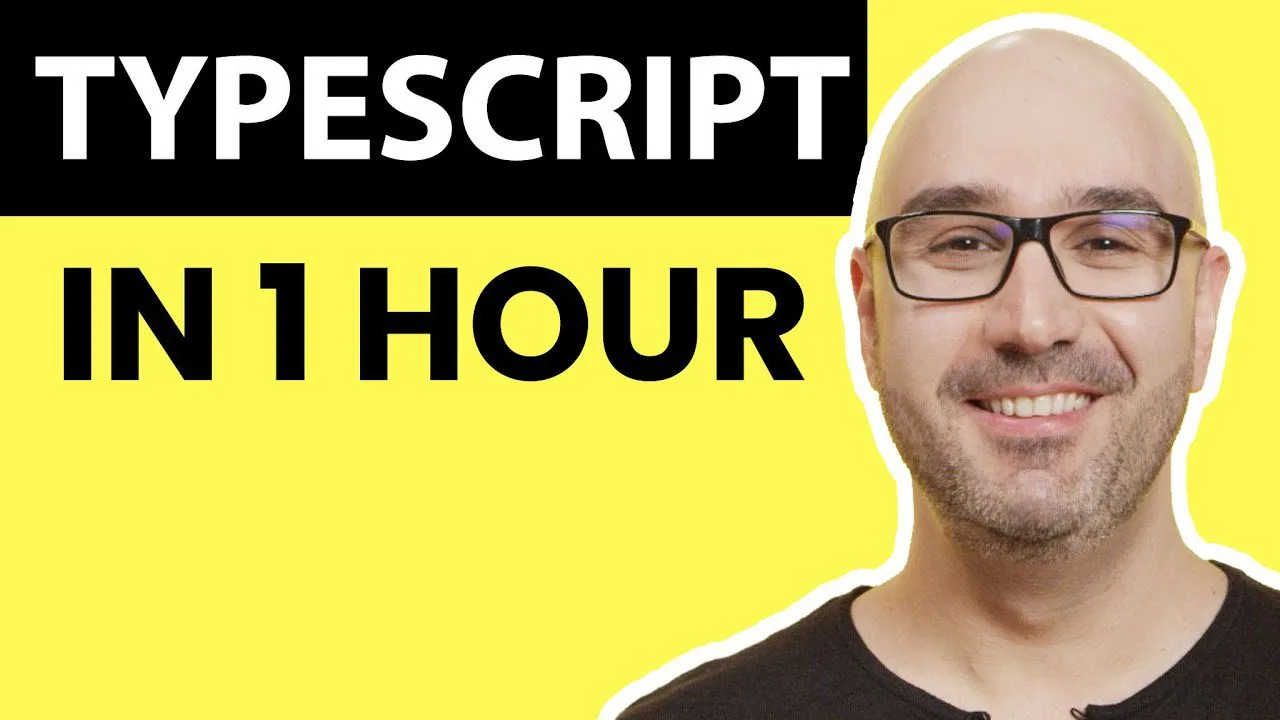 progressive Robot TypeScript in 1 hour text on yellow background with a smiling bald man wearing glasses
