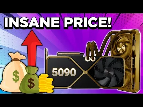 progressive Robot with “INSANE PRICE!” text above an RTX 5090-style graphics card, red upward arrow, and money bags with coins