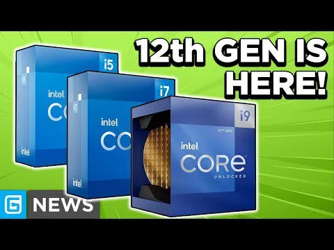 progressive Robot Intel Core i5, i7, and i9 boxes with text “12th GEN IS HERE!” on a green background.