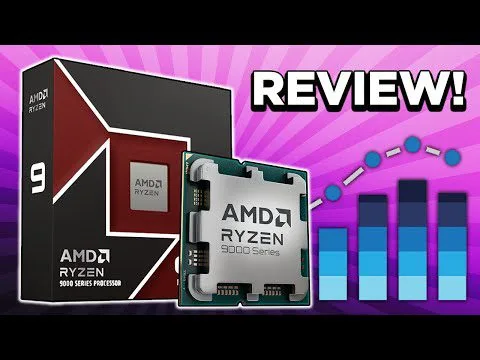 progressive Robot AMD Ryzen 9 processor box and chip with “REVIEW!” text and performance graph on purple background