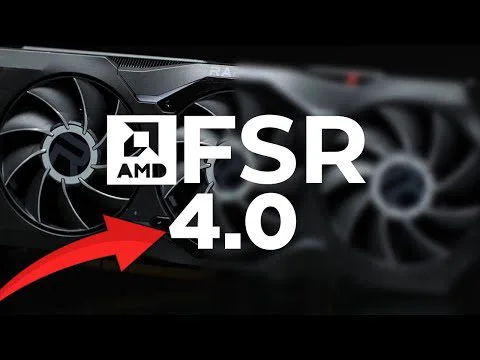 Progressive Robot AMD FSR 4.0 logo over a close-up of a graphics card fan, with a red arrow pointing right