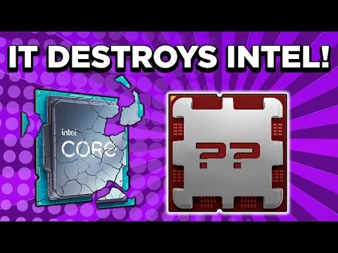 progressive Robot thumbnail with text IT DESTROYS INTEL! and a cracked Intel Core chip beside a mystery processor icon with question marks