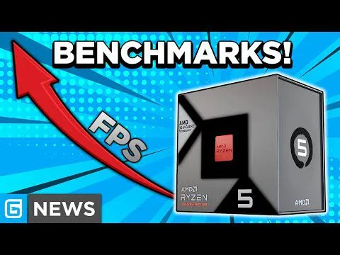 Progressive Robot graphic with “BENCHMARKS!” and “FPS” arrow, plus AMD Ryzen 5 box and “G NEWS” logo