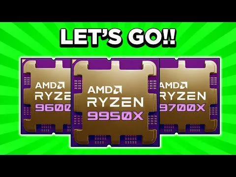 Progressive Robot, graphic of three AMD Ryzen chips (9600, 9950X, 9700X) with text “LET’S GO!!” on a green background