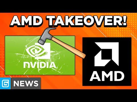progressive Robot, AMD TAKEOVER! graphic with a hammer smashing an NVIDIA logo and an AMD logo on the right, with G NEWS badge