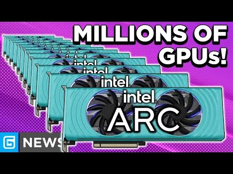 progressive Robot line of Intel Arc GPUs on a purple background with text "MILLIONS OF GPUs!" and "NEWS" icon