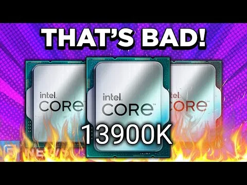 progressive Robot graphic saying THAT'S BAD! above Intel Core 13900K chips with flames at the bottom