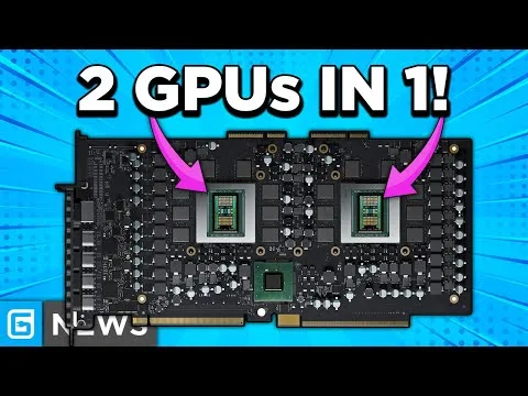 progressive Robot graphic showing a circuit board with two GPU chips highlighted under the text 2 GPUs IN 1!