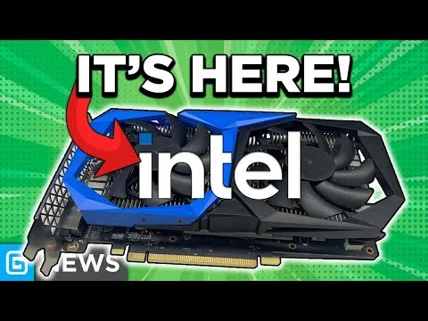 Progressive Robot graphic of an Intel-branded GPU, with “IT’S HERE!” text and a red arrow on a green background.