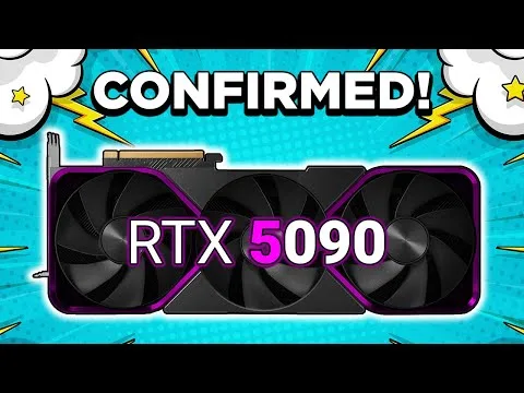 progressive Robot graphic of an RTX 5090 GPU with three fans under the word CONFIRMED!