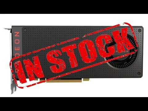 progressive Robot AMD Radeon graphics card with large red IN STOCK stamp across it