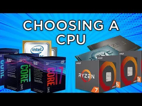 Progressive Robot choosing a CPU, with Intel Core and AMD Ryzen processor boxes under the text "CHOOSING A CPU"