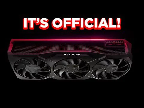 Progressive Robot: Radeon graphics card with three fans and glowing red top, with text “IT’S OFFICIAL!” above.