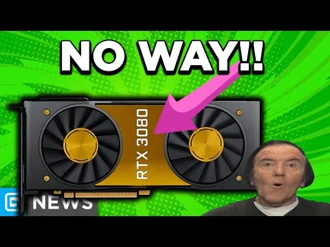 progressive Robot, RTX 3080 graphics card with pink arrow and bold text NO WAY!!, surprised man in corner