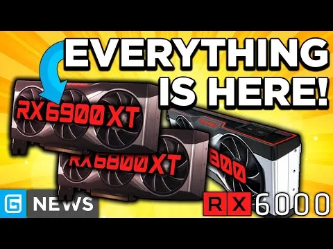 Progressive Robot, graphic of AMD Radeon RX 6900 XT and RX 6800 XT GPUs with bold text “EVERYTHING IS HERE!” and “RX 6000”