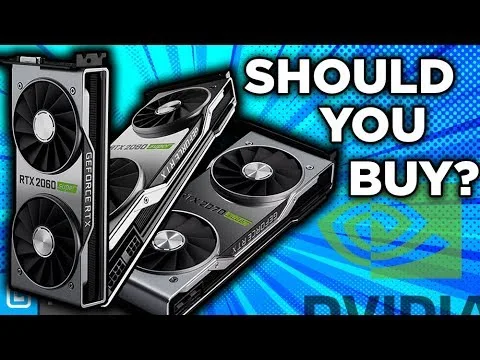 progressive Robot holding three NVIDIA GeForce RTX 2060 graphics cards with text “SHOULD YOU BUY?” on blue background