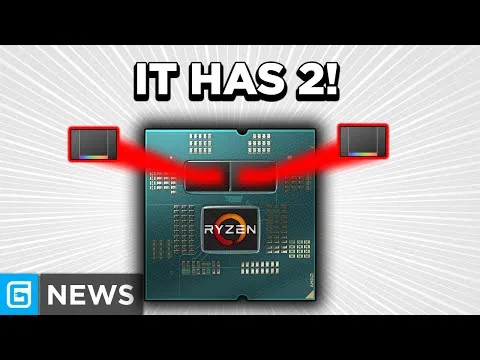 progressive Robot graphic of an AMD Ryzen CPU with red arrows to two highlighted chips and the text IT HAS 2! and G NEWS
