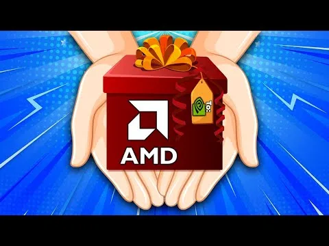 progressive Robot holding a red gift box with AMD logo and a small Nvidia tag on a blue burst background