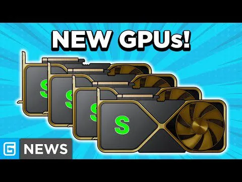 progressive Robot cartoon of multiple graphics cards with green S logos and the text NEW GPUs! on a blue background