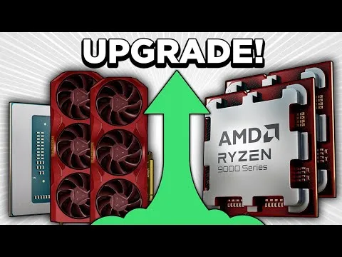 progressive Robot, upgrade graphic with a green arrow between a GPU and an AMD Ryzen 9000 Series CPU, text UPGRADE!