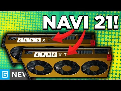 progressive Robot NVIDIA 21! graphic with two gold GPU cards labeled 6800XT and 6900XT, highlighted by red arrows