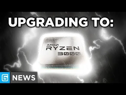 Progressive Robot graphic with text “UPGRADING TO:” above an AMD Ryzen 3000 chip on a stormy lightning background.