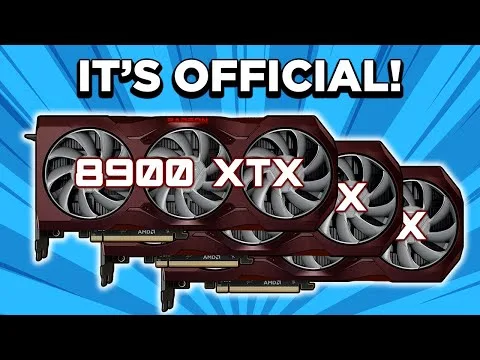 Progressive Robot graphic announcing “IT’S OFFICIAL! 8900 XTX,” with stacked red triple-fan AMD GPUs on a blue burst background